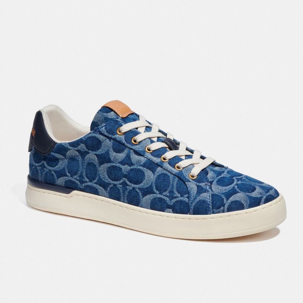 Coach Men Lowline Low Top Denim Sneakers 12 Blue Logo Jacquard Streetwear Casual